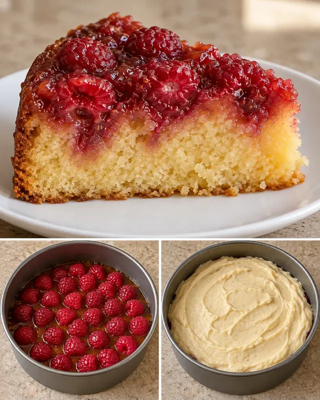 Obrácený ovocný koláč — maliny, vanilka