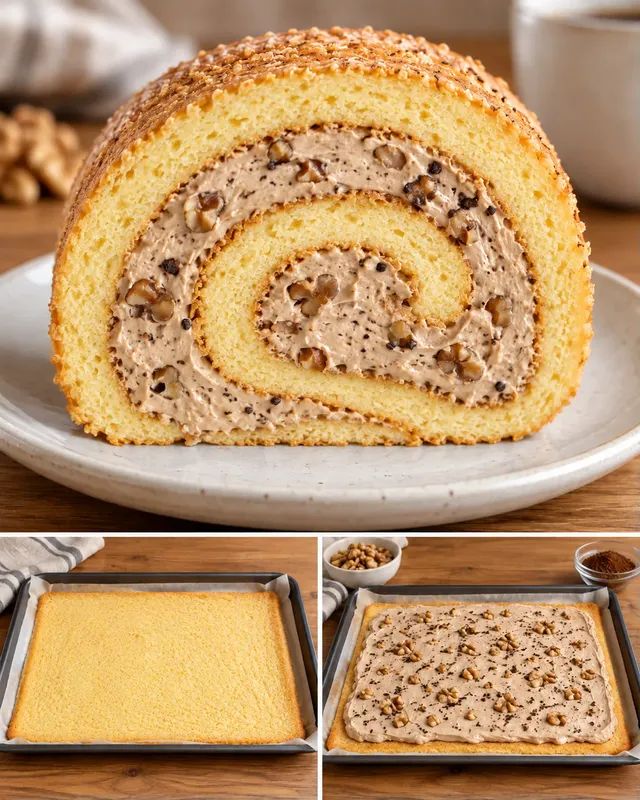 Piškotová roláda — káva, vlašské ořechy