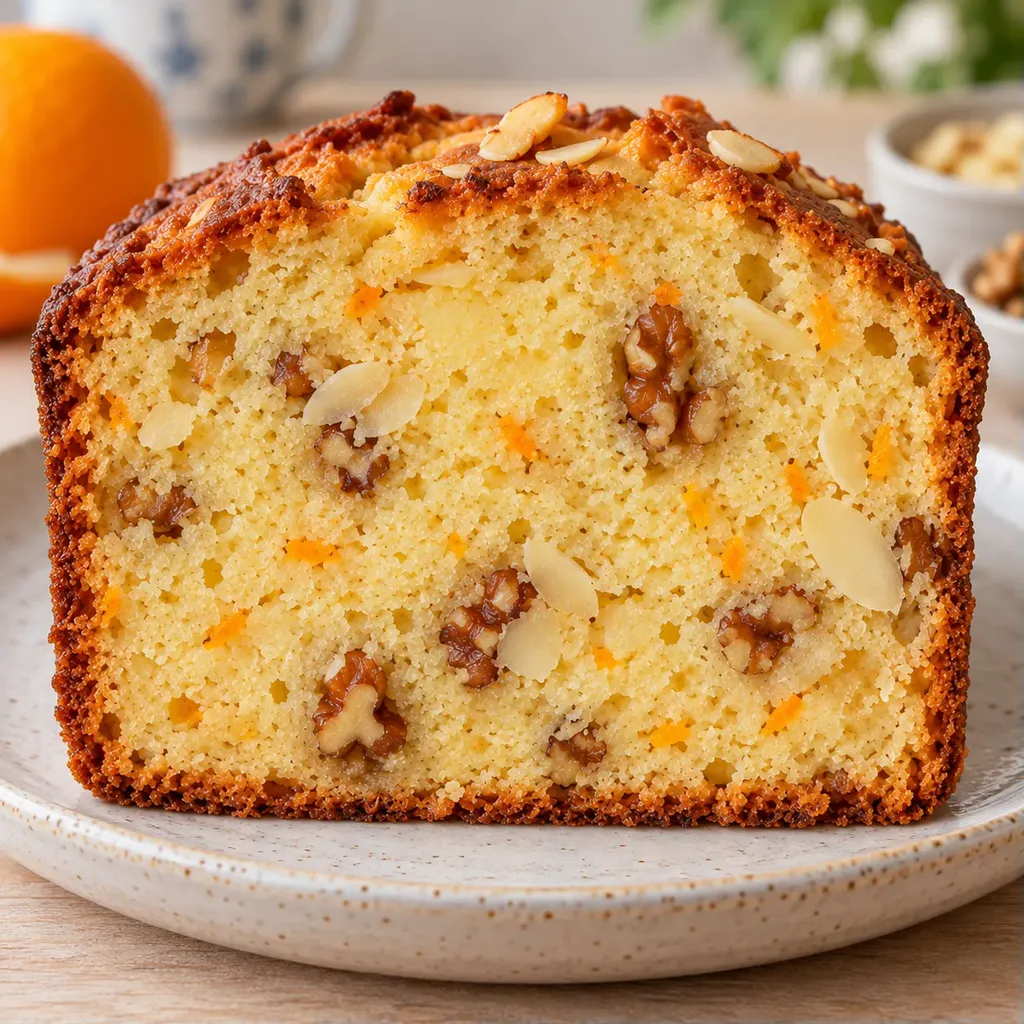 Máslový chlebíček — pomeranč, mandle, vlašské ořechy