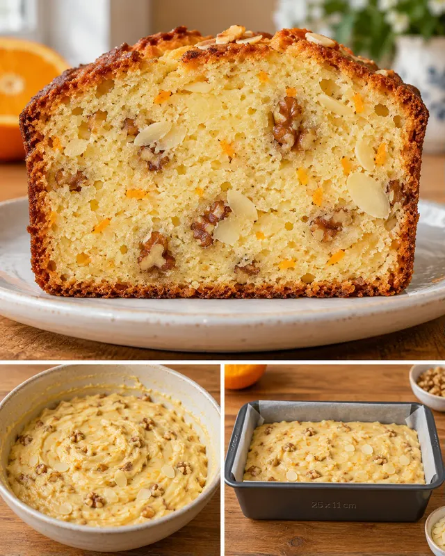 Máslový chlebíček — pomeranč, mandle, vlašské ořechy