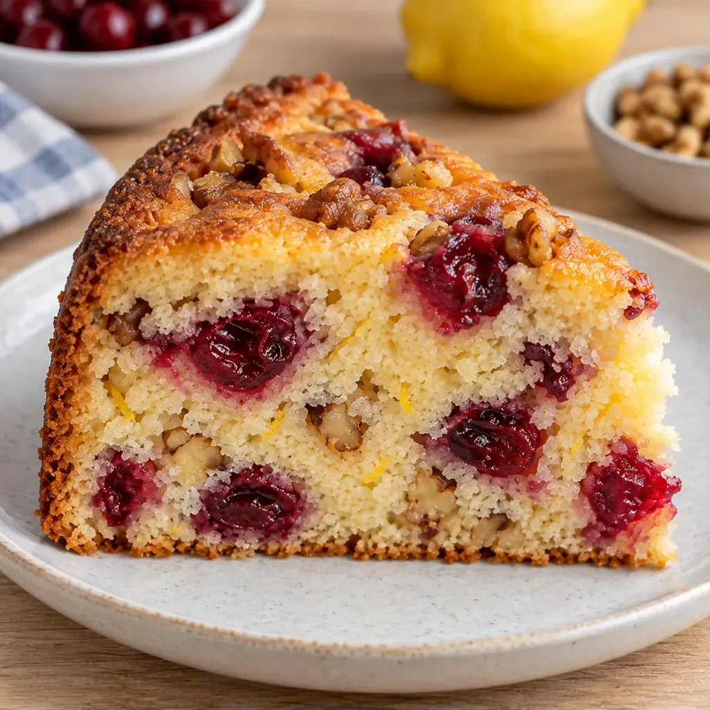 Jogurtový koláč — višně, citron, vlašské ořechy