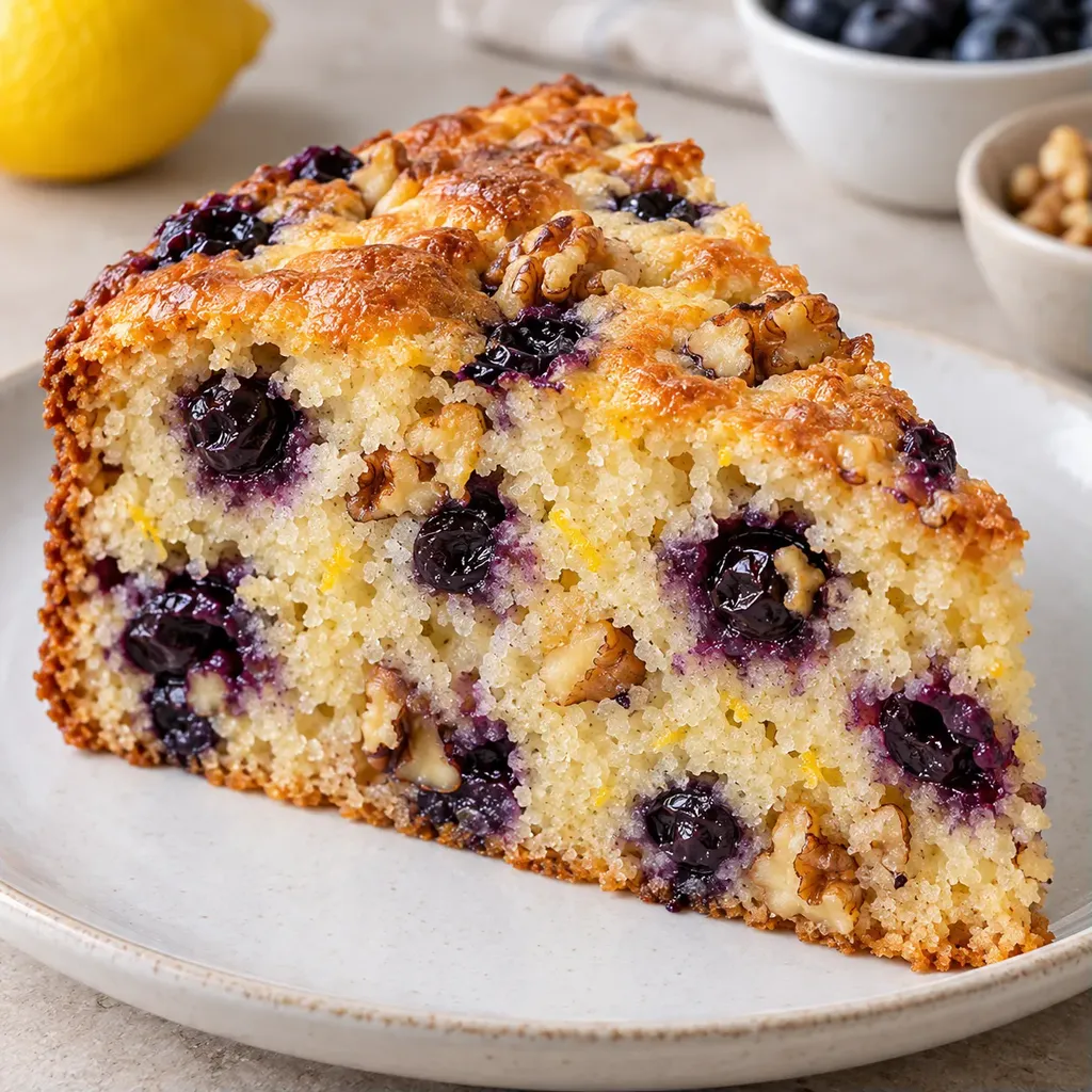 Jogurtový koláč — borůvky, citron, vlašské ořechy