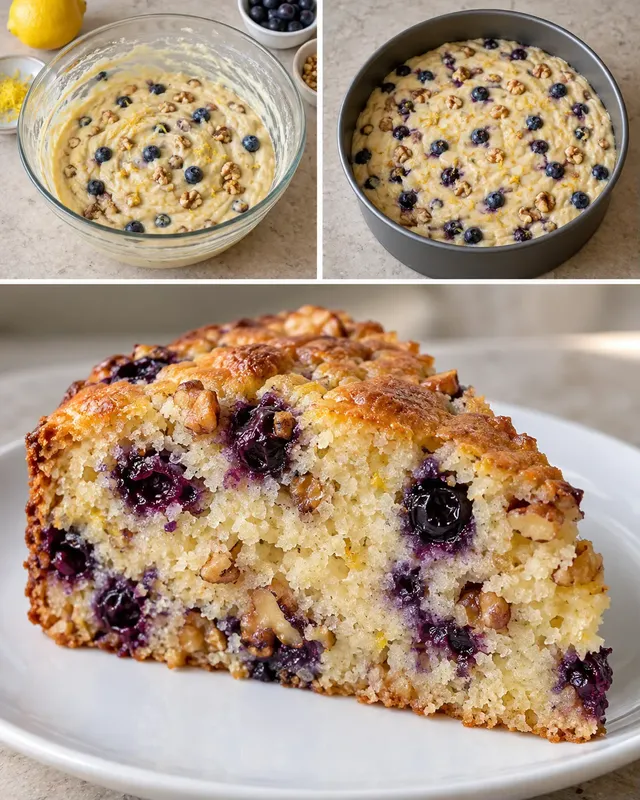 Jogurtový koláč — borůvky, citron, vlašské ořechy