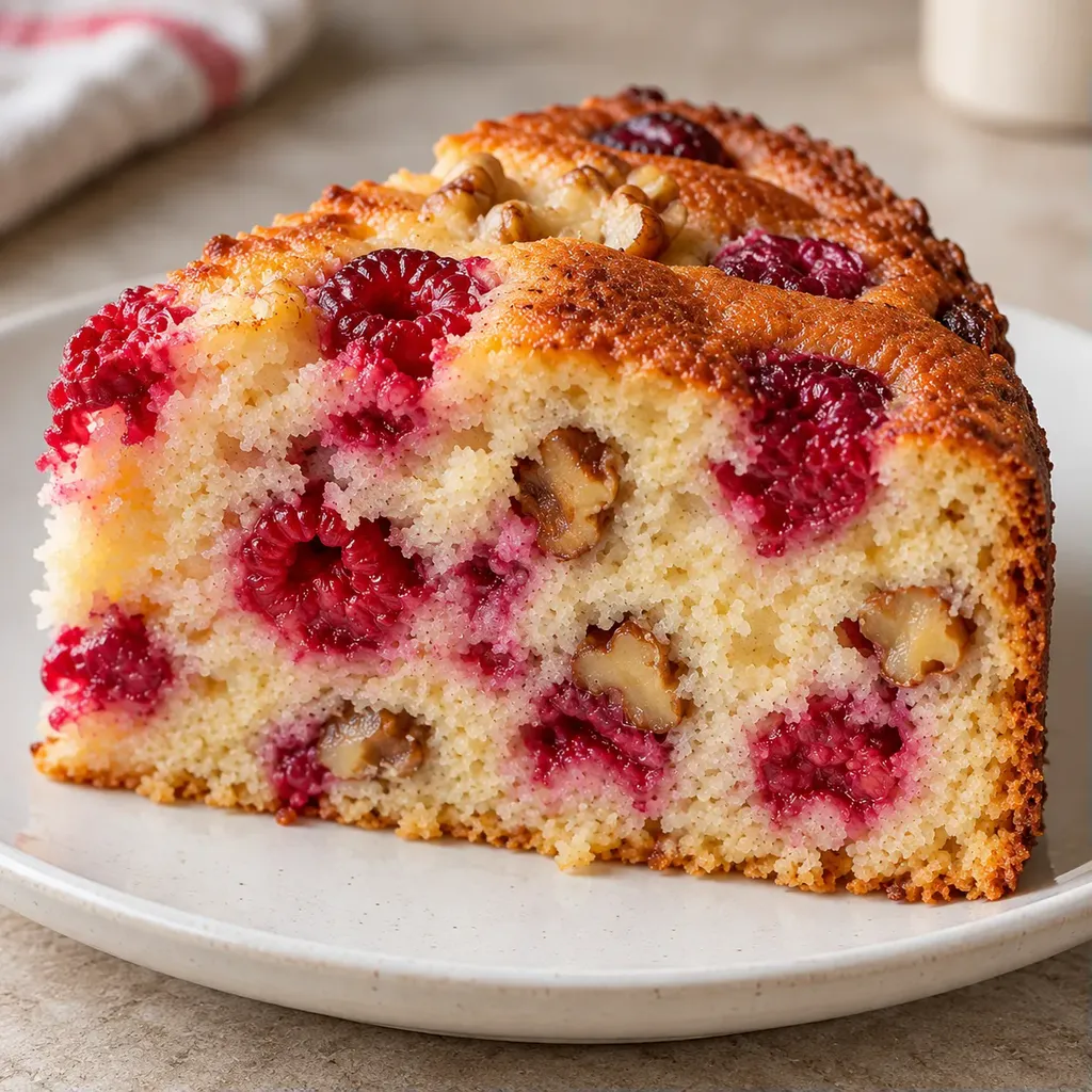 Jogurtový koláč — maliny, vanilka, vlašské ořechy