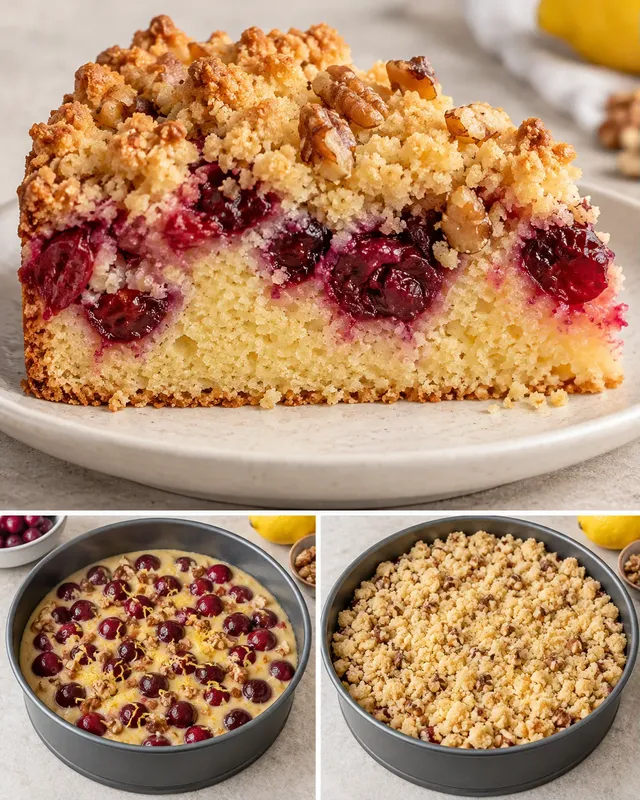 Koláč s drobenkou — višně, citron, vlašské ořechy