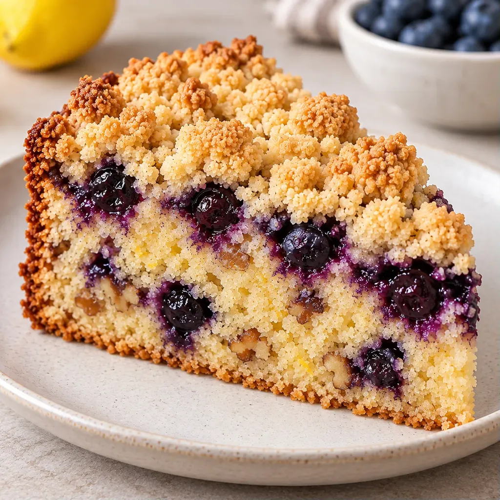 Koláč s drobenkou — borůvky, citron, vlašské ořechy