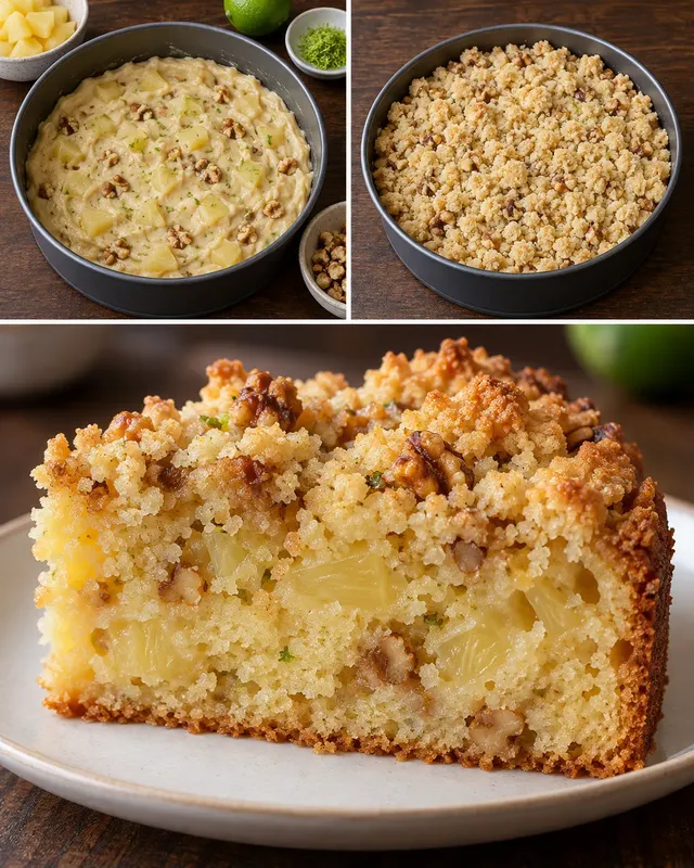 Koláč s drobenkou — ananas, limetka, vlašské ořechy