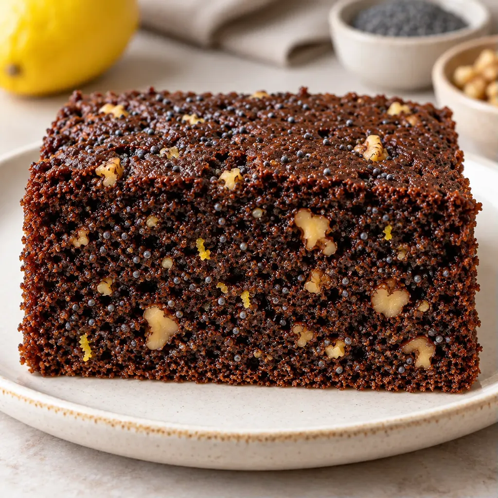 Kakaový koláč — citron, mák, vlašské ořechy