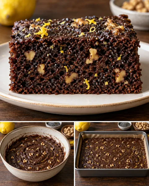 Kakaový koláč — citron, mák, vlašské ořechy