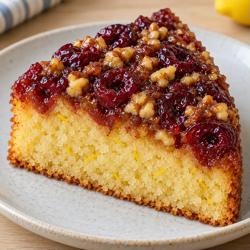 Obrácený ovocný koláč — višně, citron, vlašské ořechy
