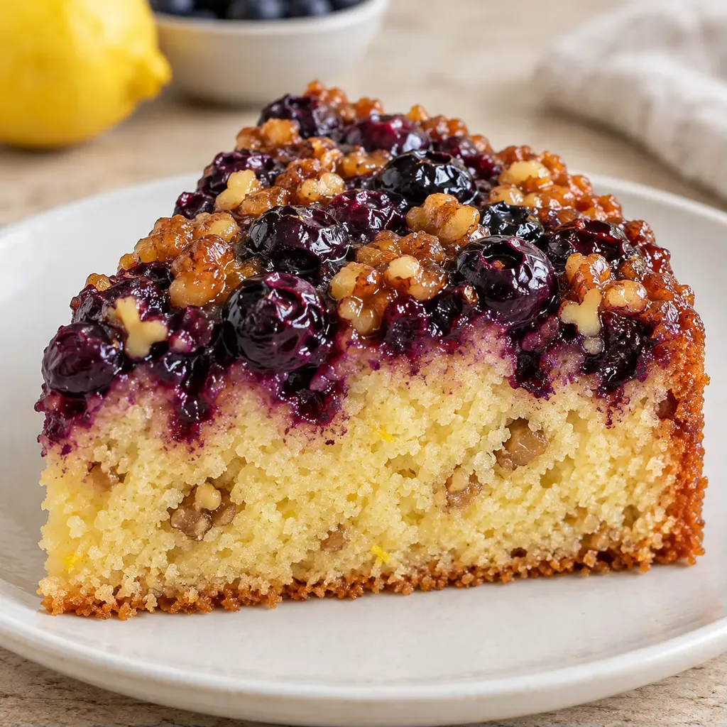 Obrácený ovocný koláč — borůvky, citron, vlašské ořechy