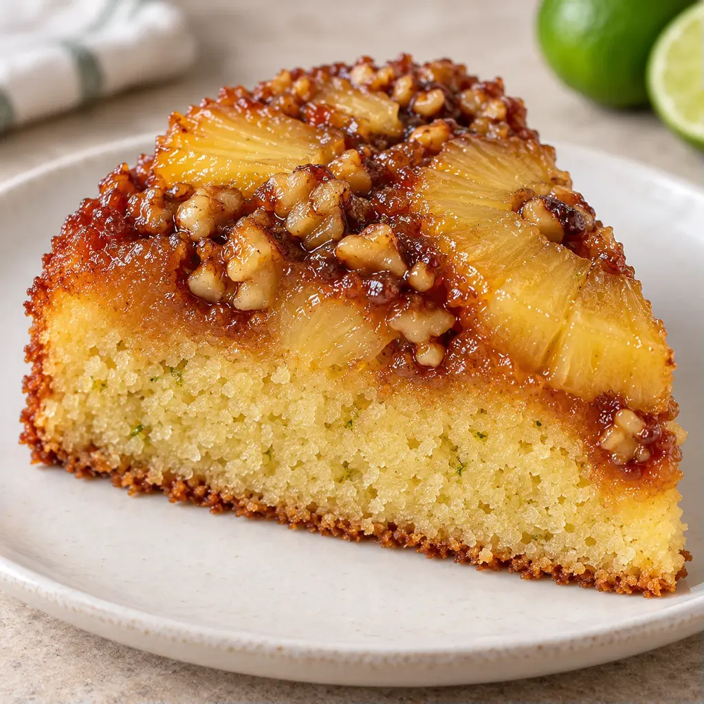 Obrácený ovocný koláč — ananas, limetka, vlašské ořechy