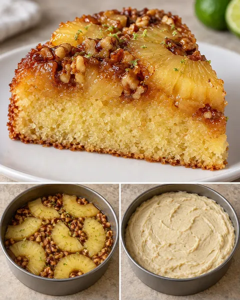 Obrácený ovocný koláč — ananas, limetka, vlašské ořechy