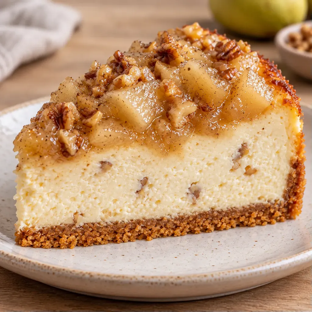 Pečený cheesecake — hrušky, kardamom, vlašské ořechy