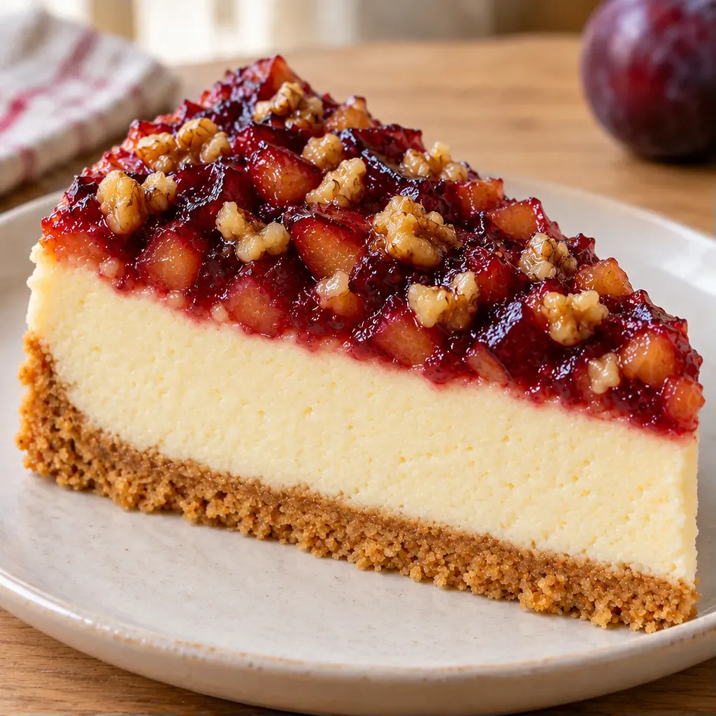 Pečený cheesecake — švestky, vanilka, vlašské ořechy