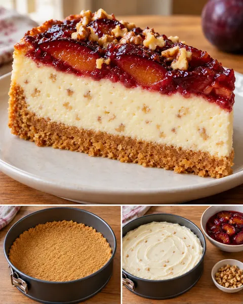 Pečený cheesecake — švestky, vanilka, vlašské ořechy
