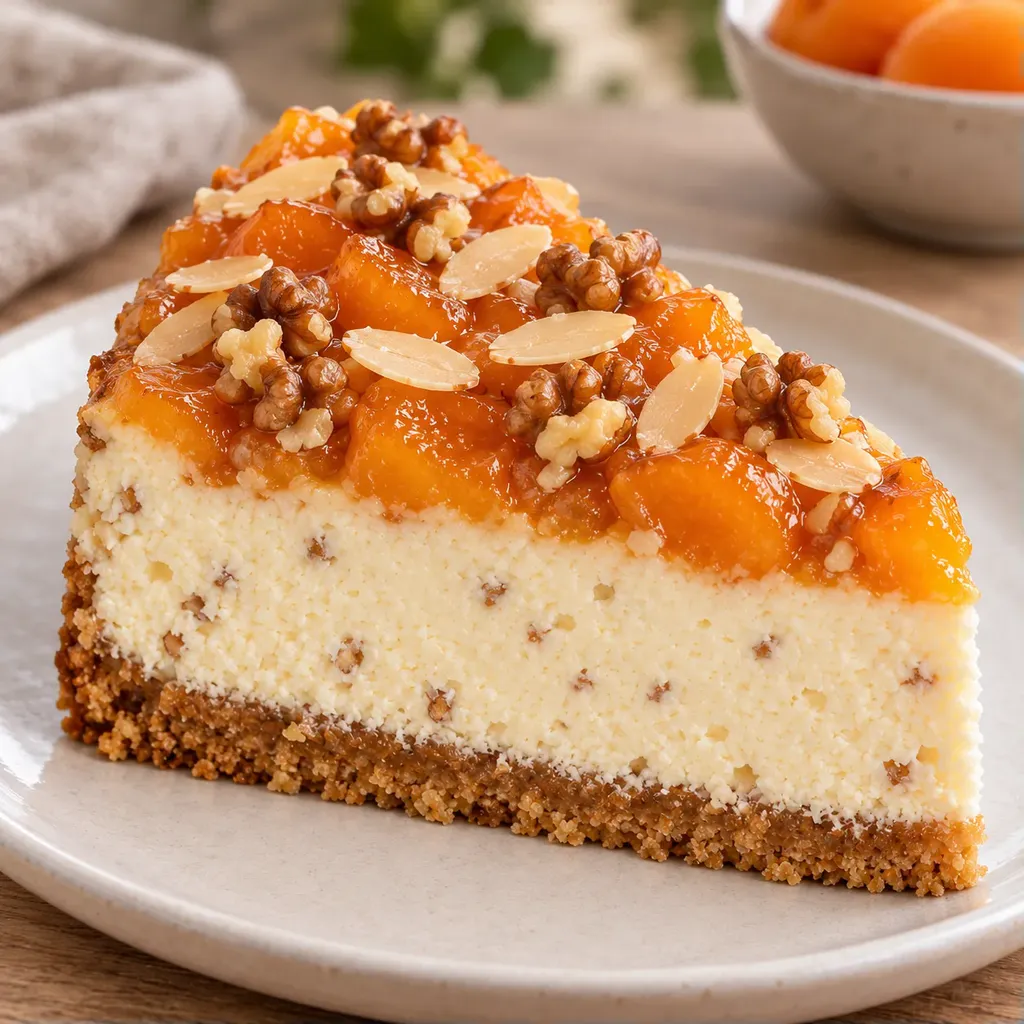 Pečený cheesecake — meruňky, mandle, vlašské ořechy