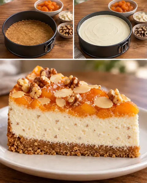 Pečený cheesecake — meruňky, mandle, vlašské ořechy