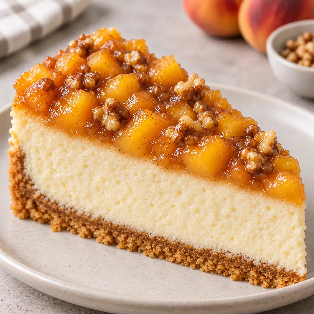 Pečený cheesecake — broskve, vanilka, vlašské ořechy