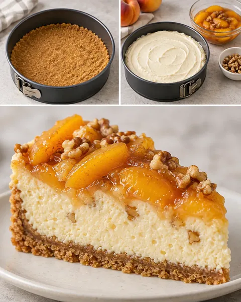 Pečený cheesecake — broskve, vanilka, vlašské ořechy