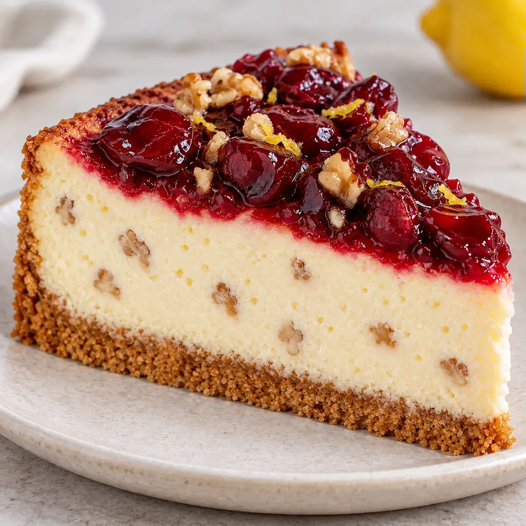 Pečený cheesecake — višně, citron, vlašské ořechy