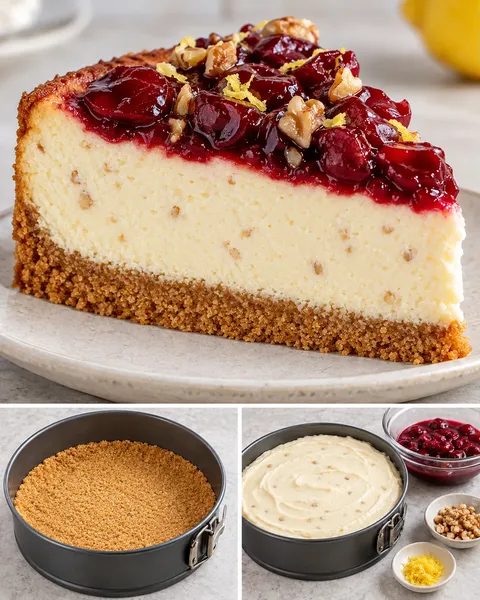 Pečený cheesecake — višně, citron, vlašské ořechy