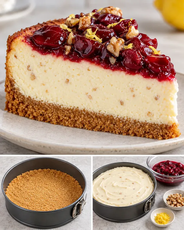 Pečený cheesecake — višně, citron, vlašské ořechy