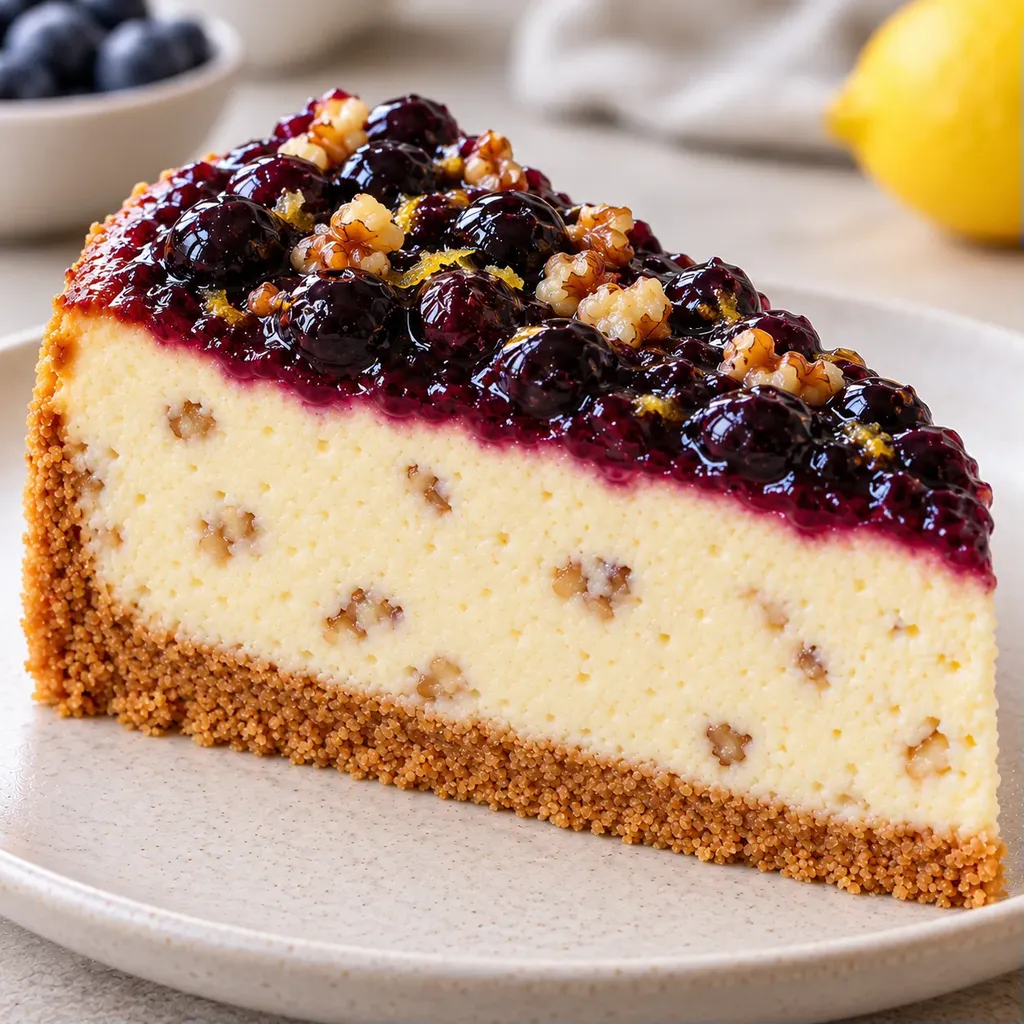 Pečený cheesecake — borůvky, citron, vlašské ořechy