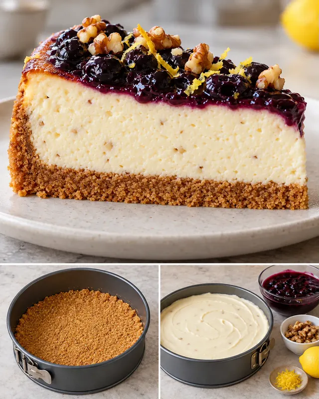 Pečený cheesecake — borůvky, citron, vlašské ořechy