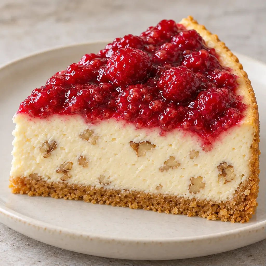 Pečený cheesecake — maliny, vanilka, vlašské ořechy