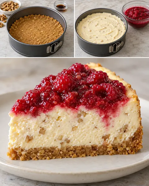 Pečený cheesecake — maliny, vanilka, vlašské ořechy