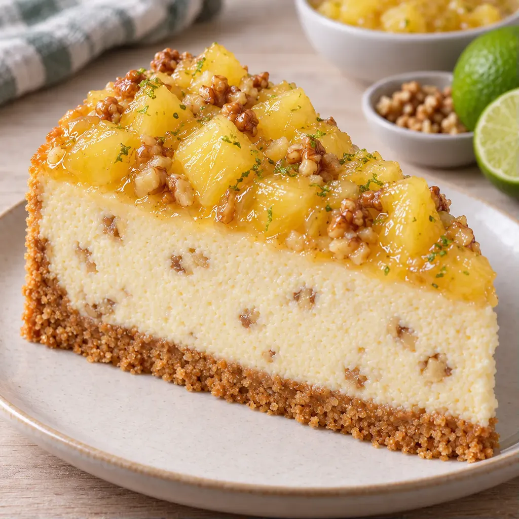 Pečený cheesecake — ananas, limetka, vlašské ořechy