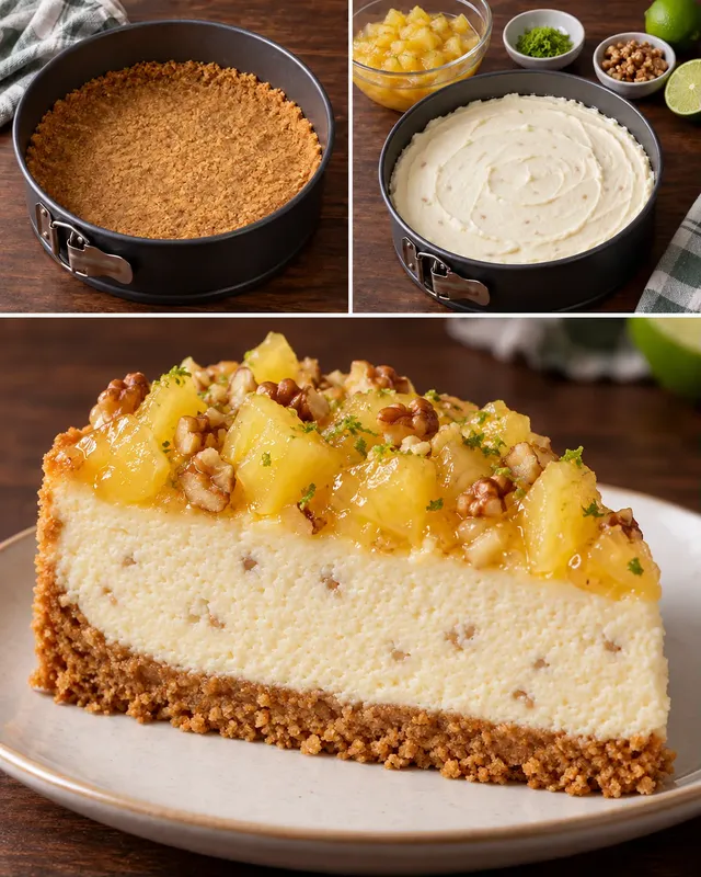 Pečený cheesecake — ananas, limetka, vlašské ořechy