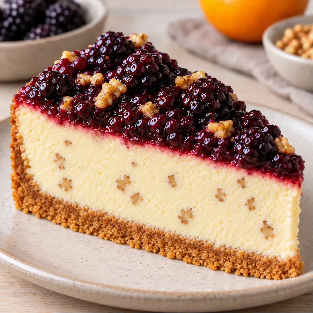Pečený cheesecake — ostružiny, pomeranč, vlašské ořechy
