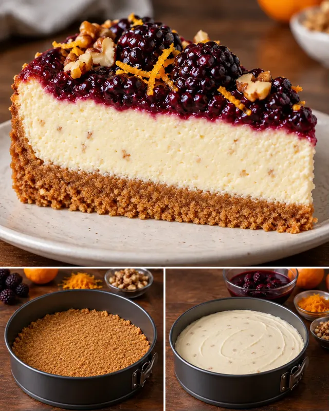 Pečený cheesecake — ostružiny, pomeranč, vlašské ořechy
