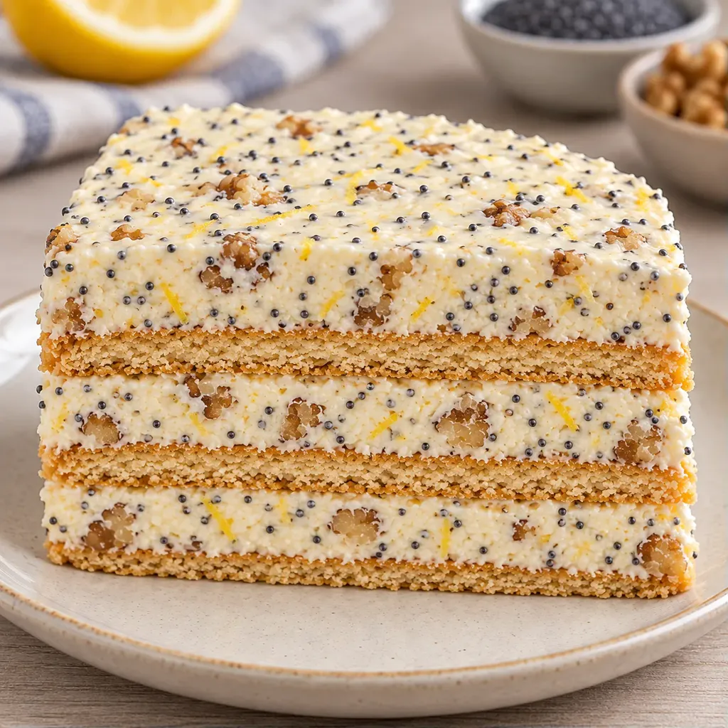 Nepečený sušenkový dort — citron, mák, vlašské ořechy