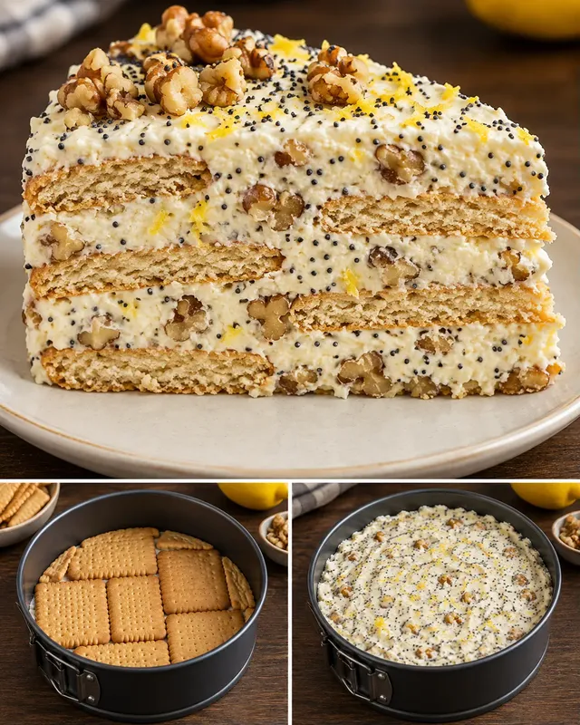 Nepečený sušenkový dort — citron, mák, vlašské ořechy