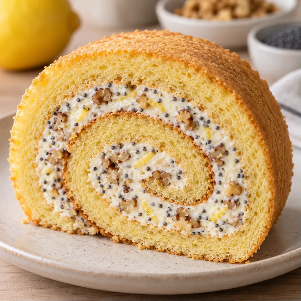 Piškotová roláda — citron, mák, vlašské ořechy