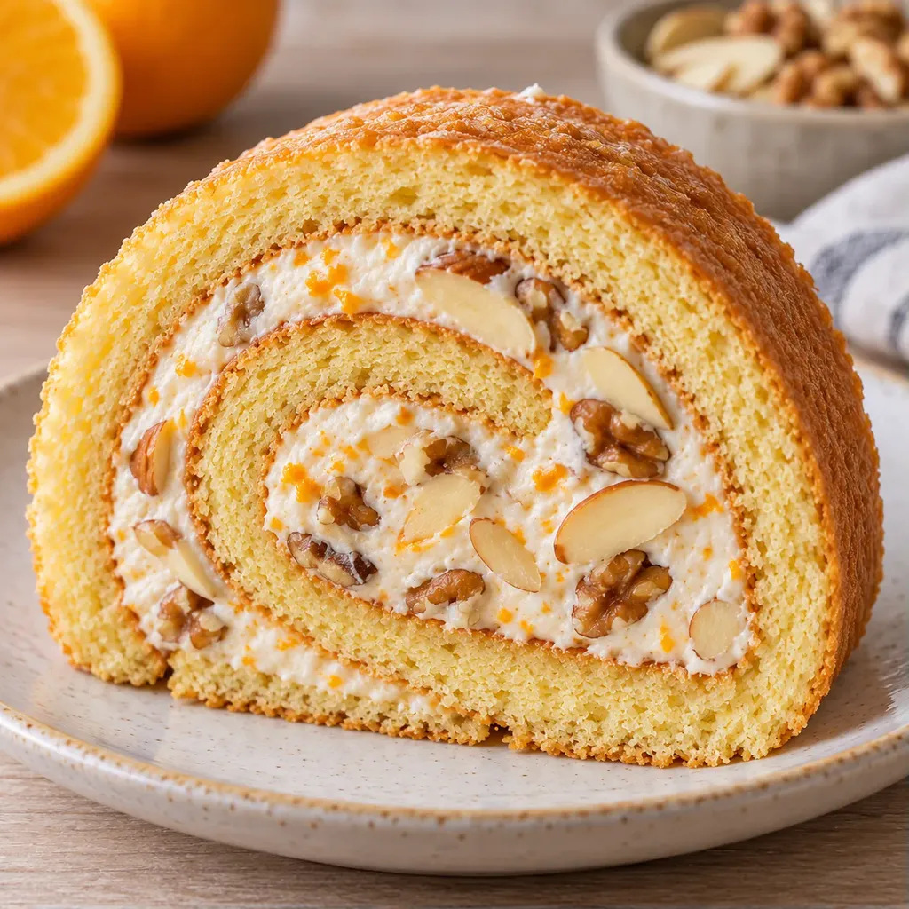 Piškotová roláda — pomeranč, mandle, vlašské ořechy