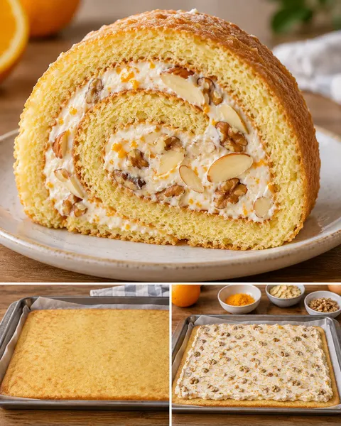 Piškotová roláda — pomeranč, mandle, vlašské ořechy