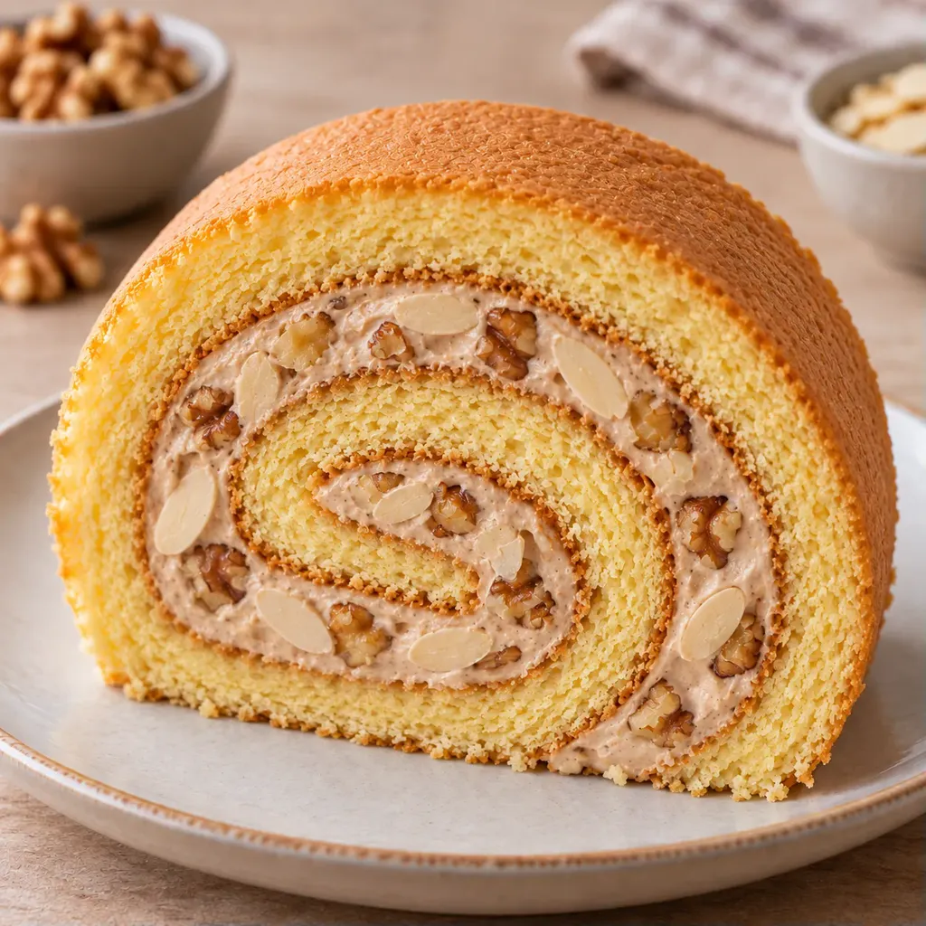 Piškotová roláda — káva, vlašské ořechy, mandle