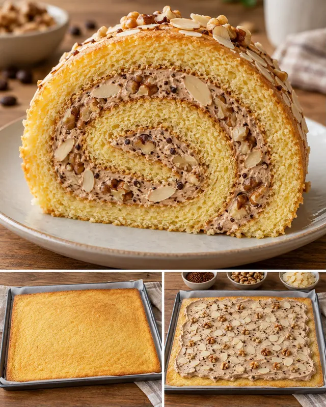 Piškotová roláda — káva, vlašské ořechy, mandle