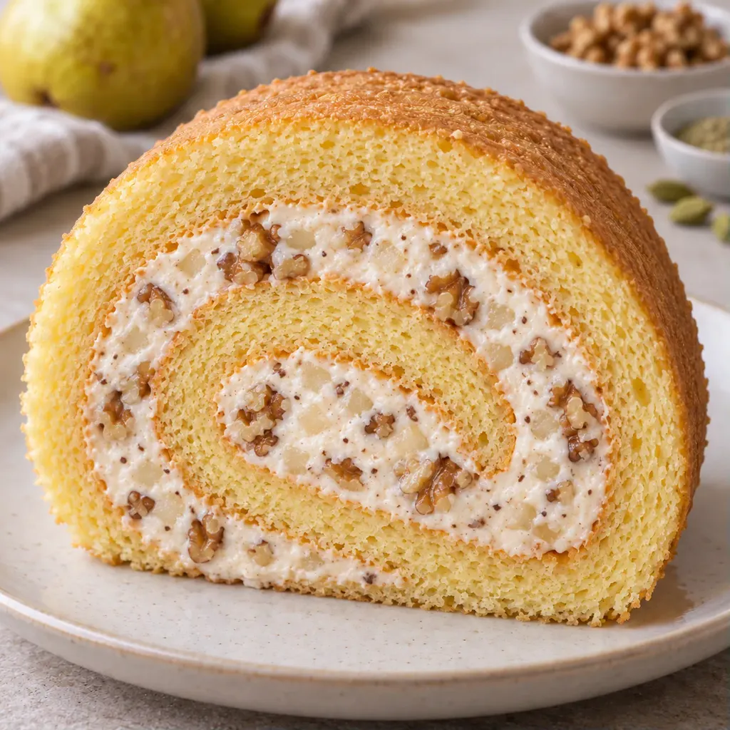 Piškotová roláda — hrušky, kardamom, vlašské ořechy