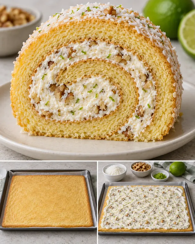 Piškotová roláda — kokos, limetka, vlašské ořechy