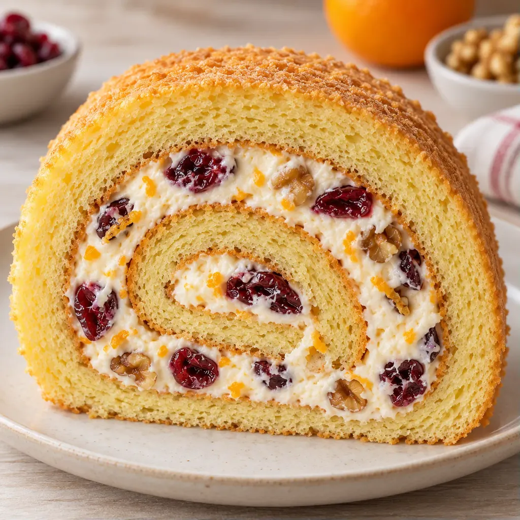Piškotová roláda — brusinky, pomeranč, vlašské ořechy