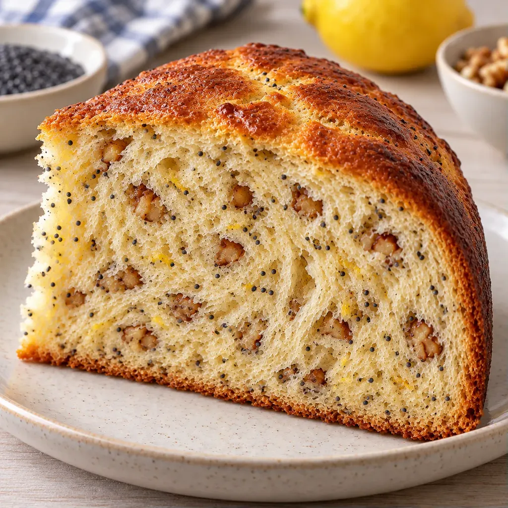 Sladký kynutý koláč — citron, mák, vlašské ořechy
