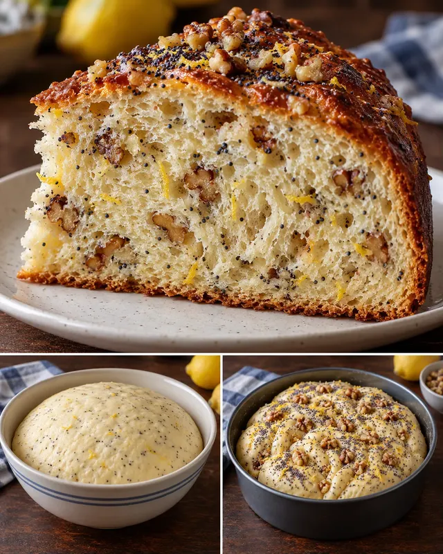 Sladký kynutý koláč — citron, mák, vlašské ořechy