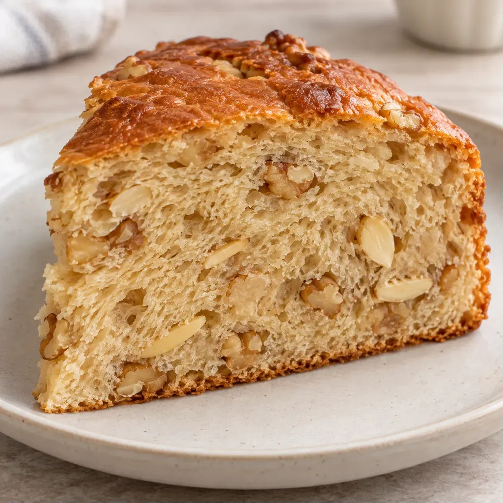 Sladký kynutý koláč — káva, vlašské ořechy, mandle