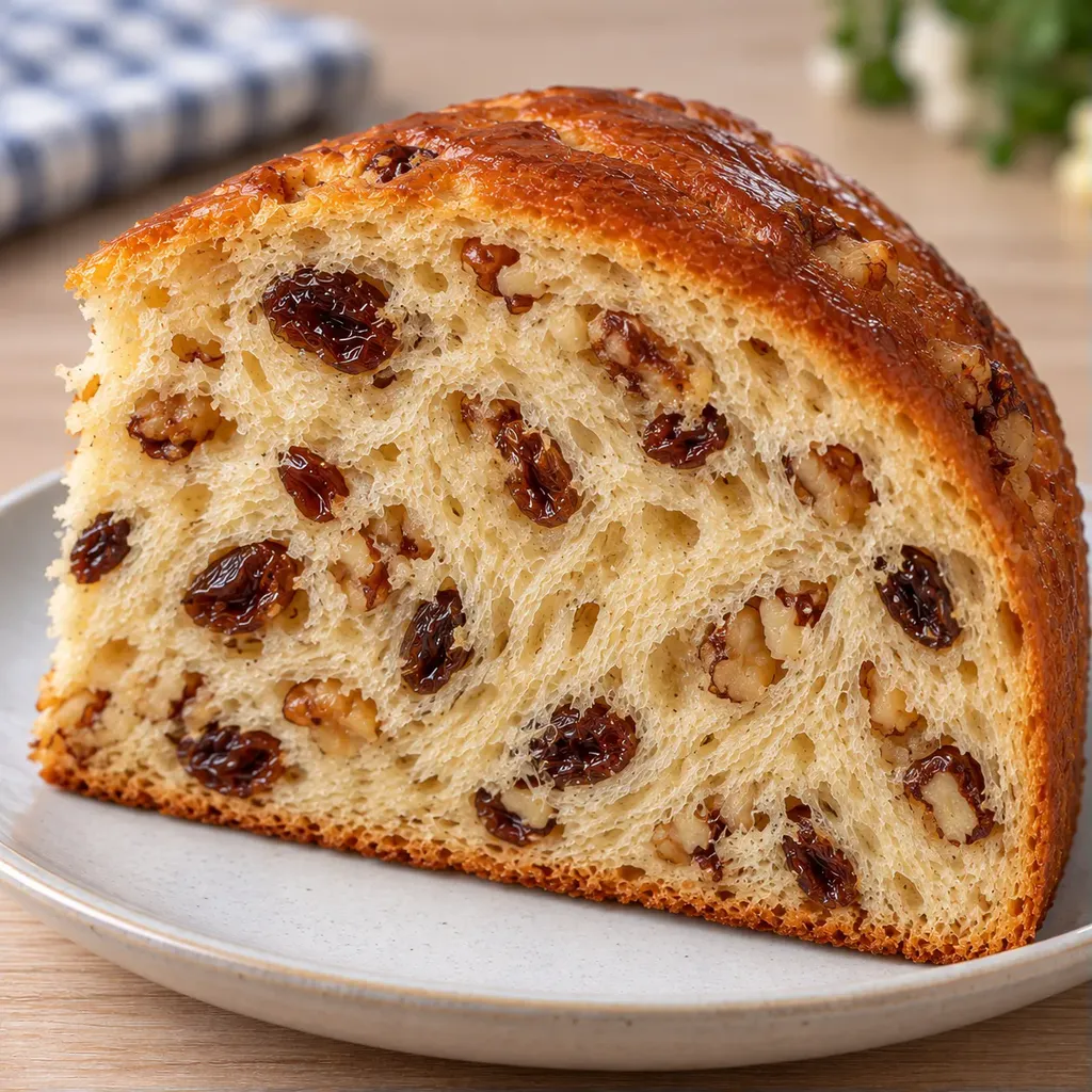 Sladký kynutý koláč — rozinky, vanilka, vlašské ořechy