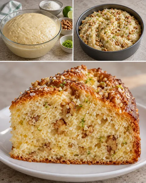 Sladký kynutý koláč — kokos, limetka, vlašské ořechy